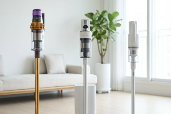 삼성 비스포크, 다이슨, 아이닉 무선청소기 3대가 모던 한국 거실에 세워진 비교 사진