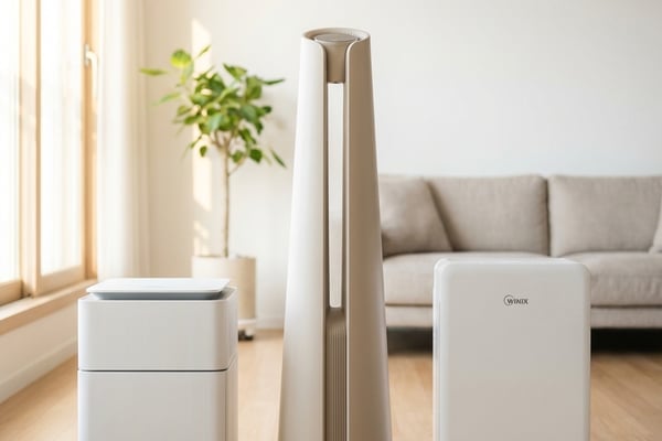 모던 한국 거실에 프리미엄 공기청정기 3대가 나란히 놓인 제품 비교 사진