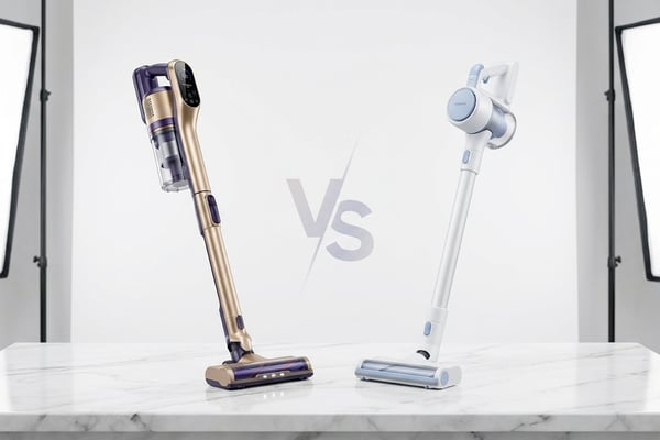 다이슨 V15와 삼성 비스포크 제트 무선청소기를 나란히 놓고 비교하는 프리미엄 제품 촬영. 왼쪽은 골드·퍼플 색상의 다이슨, 오른쪽은 화이트·블루 색상의 삼성 비스포크.