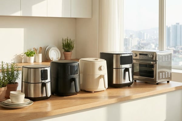 모던 한국 주방 조리대 위에 소형부터 대용량, 오븐형까지 다양한 에어프라이어가 나란히 놓인 제품 사진