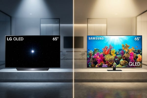 모던 쇼룸에서 LG OLED TV와 삼성 Neo QLED TV 65인치가 나란히 놓여 각 TV의 화질 특성을 비교하는 장면