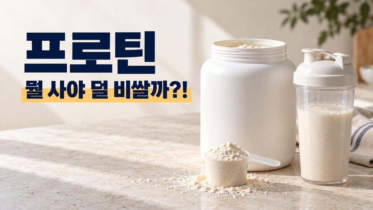 무지 흰 프로틴 통과 가루를 수북이 담은 스쿱, 쉐이커 정물 옆에 "프로틴 뭘 사야 덜 비쌀까?!" 문구