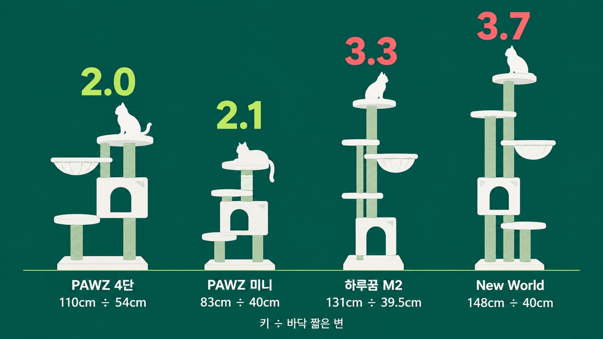 캣타워 키를 바닥판 짧은 변으로 나눈 값: PAWZ 4단 110÷54=2.0, PAWZ 미니 83÷40=2.1, 하루꿈 M2 131÷39.5=3.3, New World 148÷40=3.7