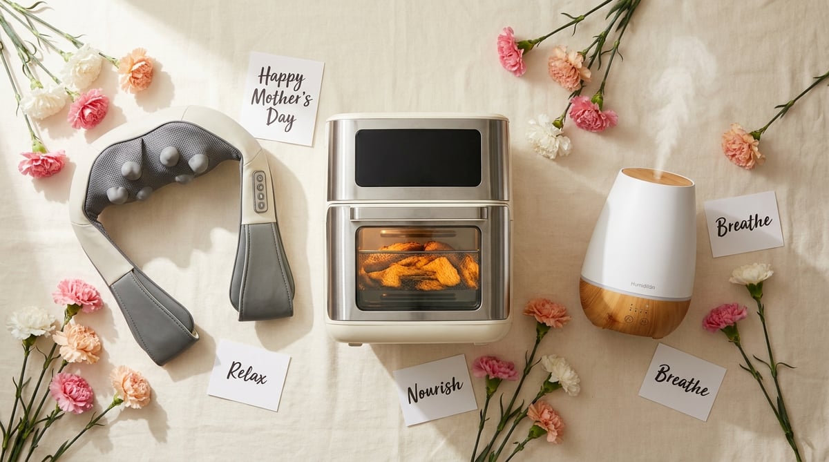 리넨 위에 놓인 어버이날 선물 3종 — 목어깨 마사지기, 에어프라이어, 가습기와 카네이션