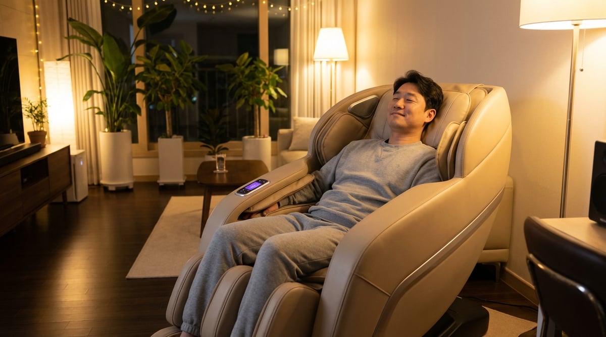거실 안마의자에 편안하게 기대어 눈을 감고 있는 40대 한국 남성