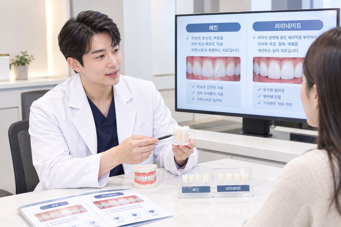 치과의사가 모니터 화면과 치아 모형을 활용하여 환자에게 레진과 라미네이트 시술의 특징 및 차이점을 상담하는 모습