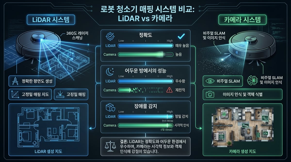 LiDAR 매핑과 카메라(vSLAM) 매핑 방식의 작동 원리 및 성능 비교 인포그래픽. 레이저 ToF 센서와 광학 카메라 센서의 구조 차이를 시각적으로 설명