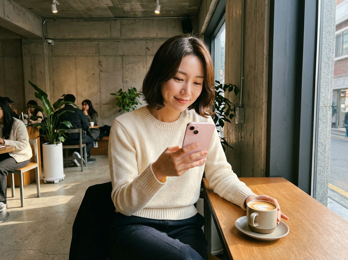 서울 성수동 카페에서 아이폰을 들고 웃고 있는 20대 후반 한국인 여성, 따뜻한 조명과 커피잔이 있는 테이블