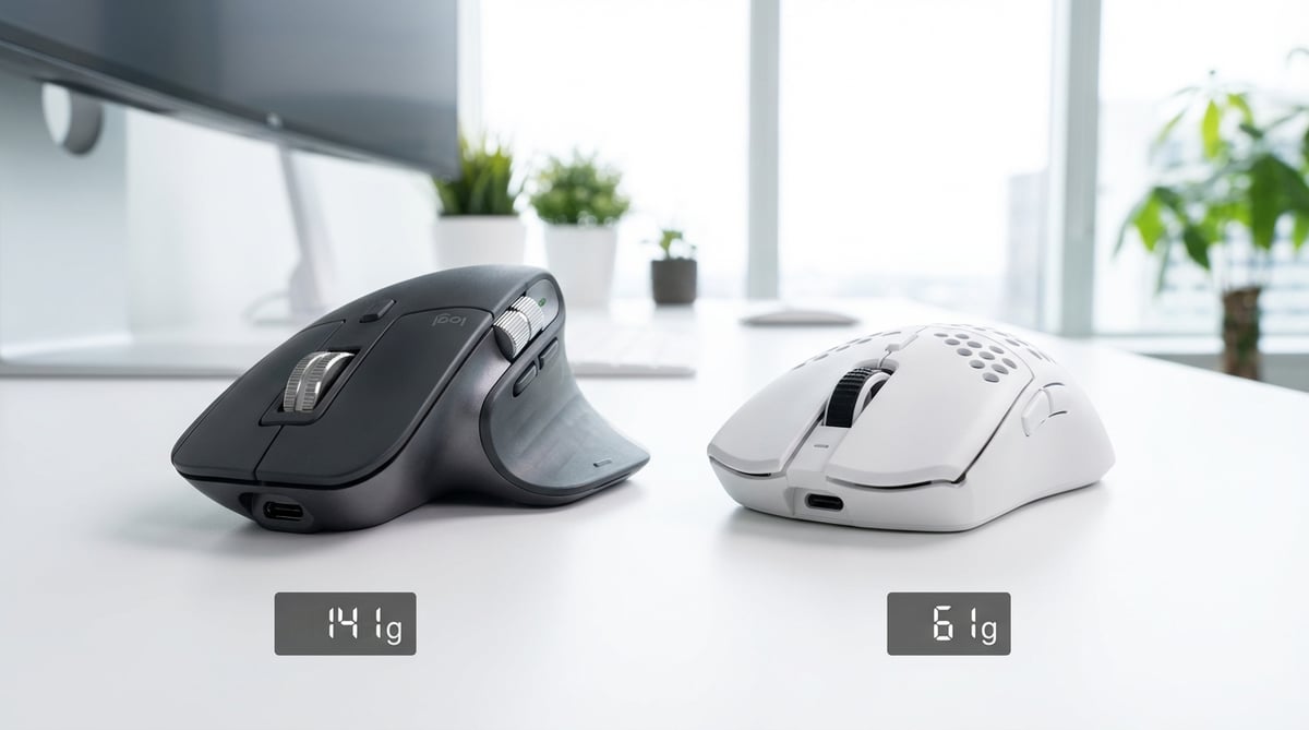 인체공학 사무용 마우스(MX Master)와 초경량 게이밍 마우스(지슈스)를 나란히 비교한 제품 사진