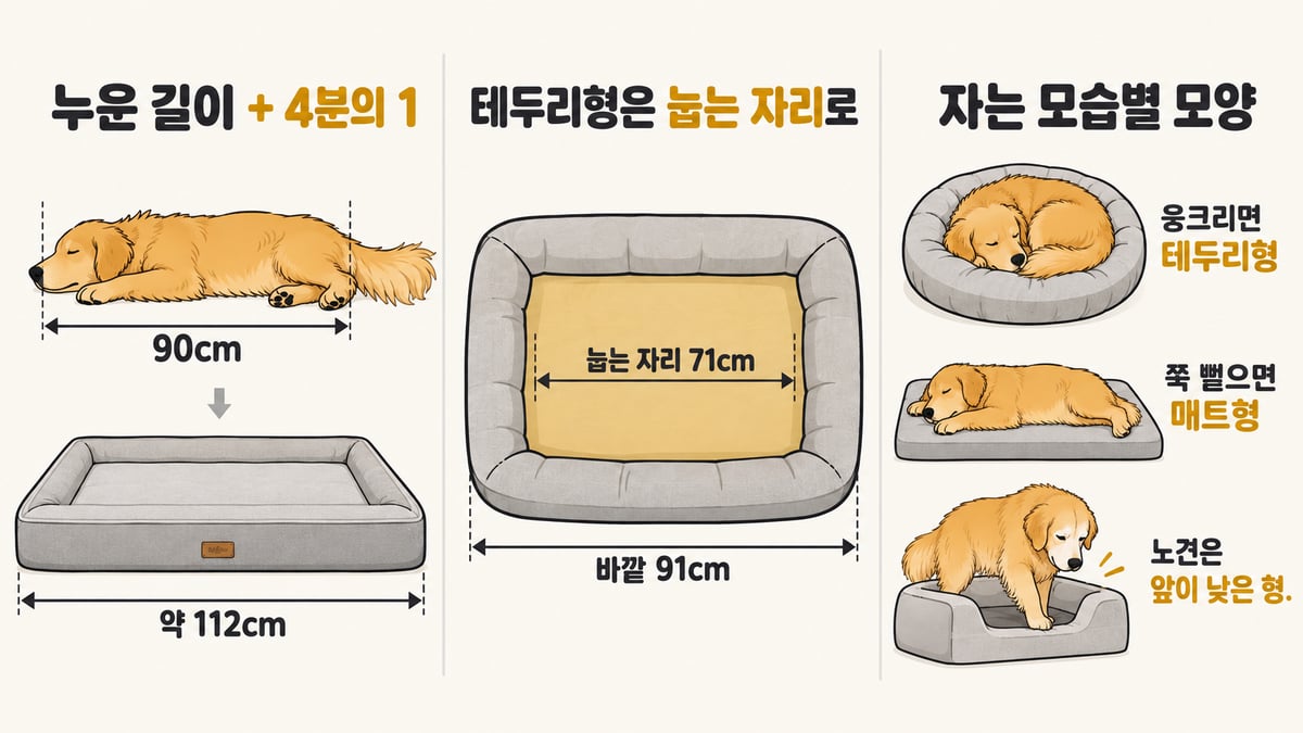 강아지 방석 크기 고르기: 누운 길이 90cm에 4분의 1을 더해 약 112cm, 테두리형은 바깥 91cm여도 눕는 자리는 71cm, 웅크리면 테두리형·쭉 뻗으면 매트형·노견은 앞이 낮은 형