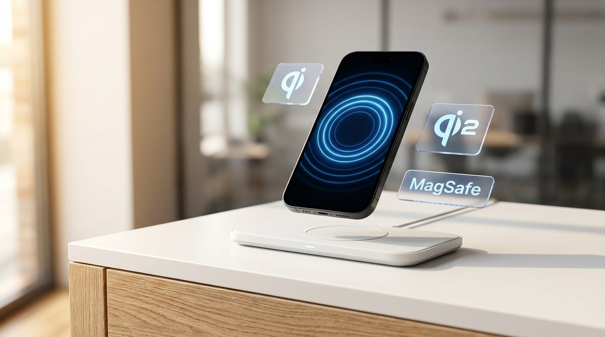 무선충전 패드 위에 스마트폰이 자석 정렬로 정확히 위치한 모습, 블루 라이트와 함께 Qi·Qi2·MagSafe 규격 아이콘이 표시된 프리미엄 제품 사진