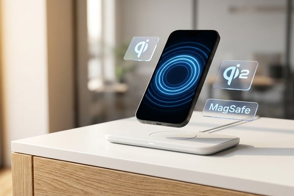 무선충전 패드 위에 스마트폰이 자석 정렬로 정확히 위치한 모습, 블루 라이트와 함께 Qi·Qi2·MagSafe 규격 아이콘이 표시된 프리미엄 제품 사진