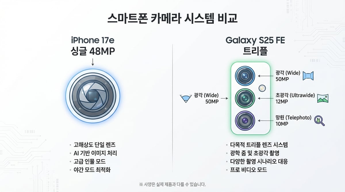 아이폰 17e 싱글 48MP 카메라와 갤럭시 S25 FE 트리플 카메라 시스템 구성 비교 인포그래픽