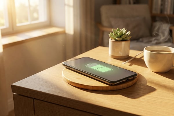 스칸디나비아 스타일의 밝은 오크 책상 위에서 75% 충전 중인 스마트폰이 대나무 무선 충전 패드에 놓여 있는 모습, 따뜻한 아침 햇살과 커피잔