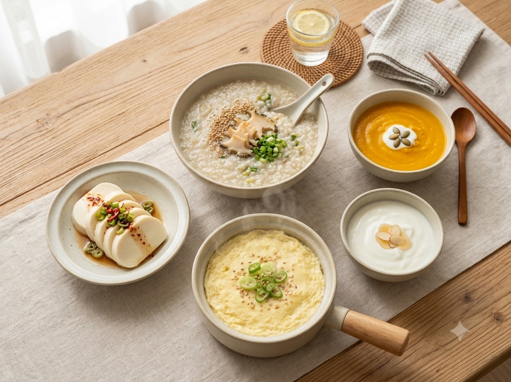 원목 식탁 위에 정갈하게 차려진 전복죽, 부드러운 계란찜, 연두부, 단호박죽, 요거트로 구성된 소화가 편한 건강 식단 상차림입니다.