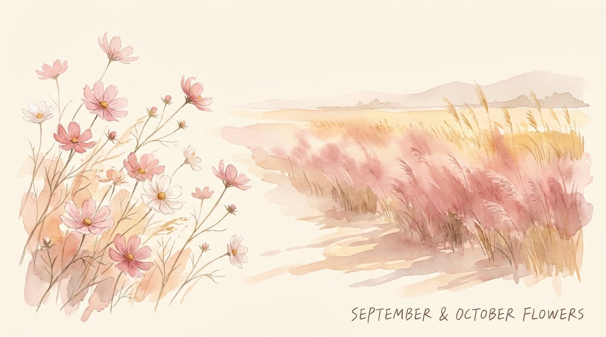 9~10월 가을 — 코스모스와 핑크뮬리 수채화 일러스트