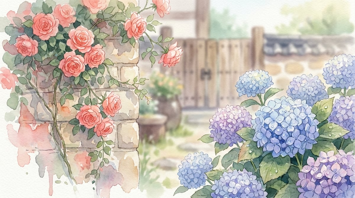 5~6월 초여름 — 장미와 수국 수채화 일러스트
