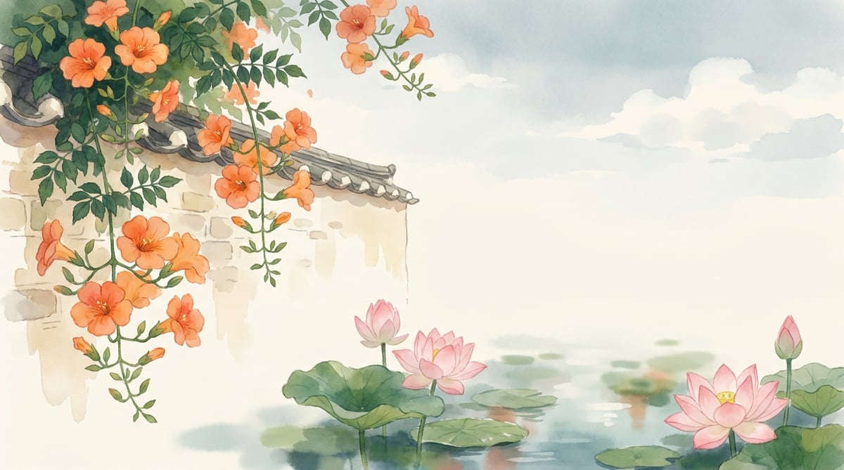 7~8월 한여름 — 능소화와 연꽃 수채화 일러스트