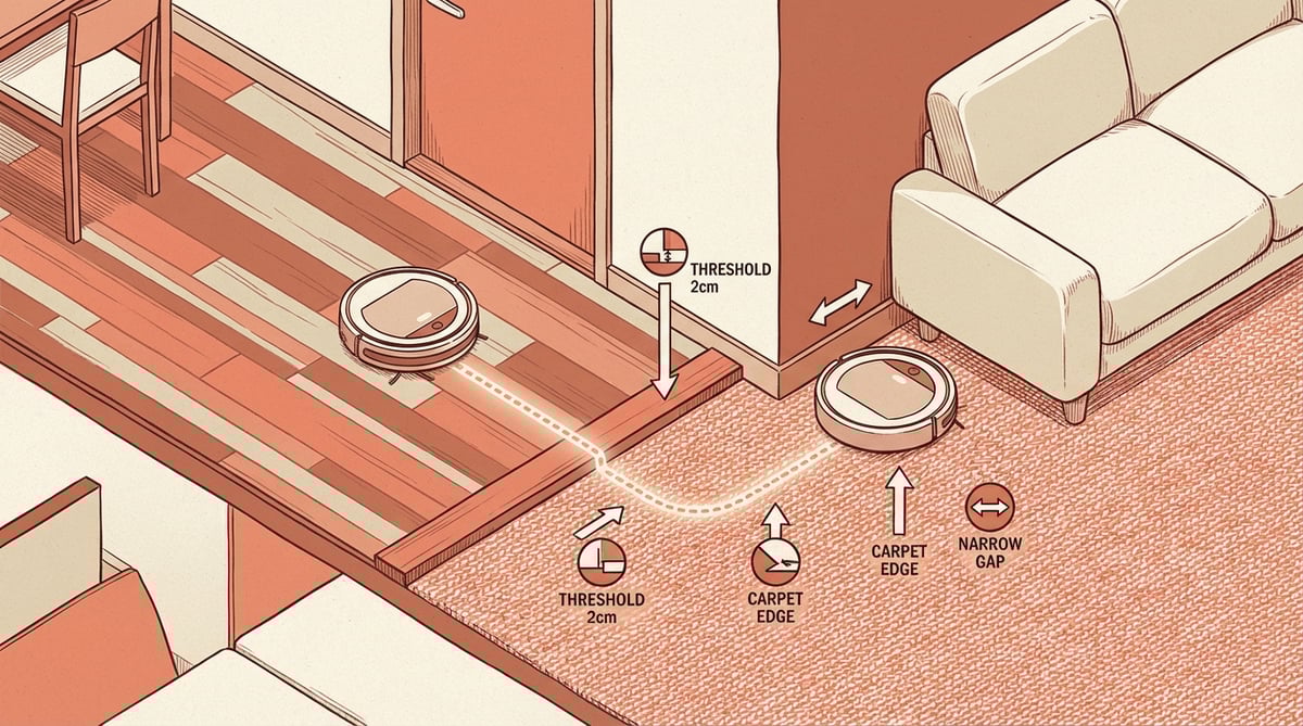 한국 아파트 단면도 — 로봇청소기가 원목 바닥, 카펫, 문턱, 가구 틈을 탐색하는 에디토리얼 일러스트