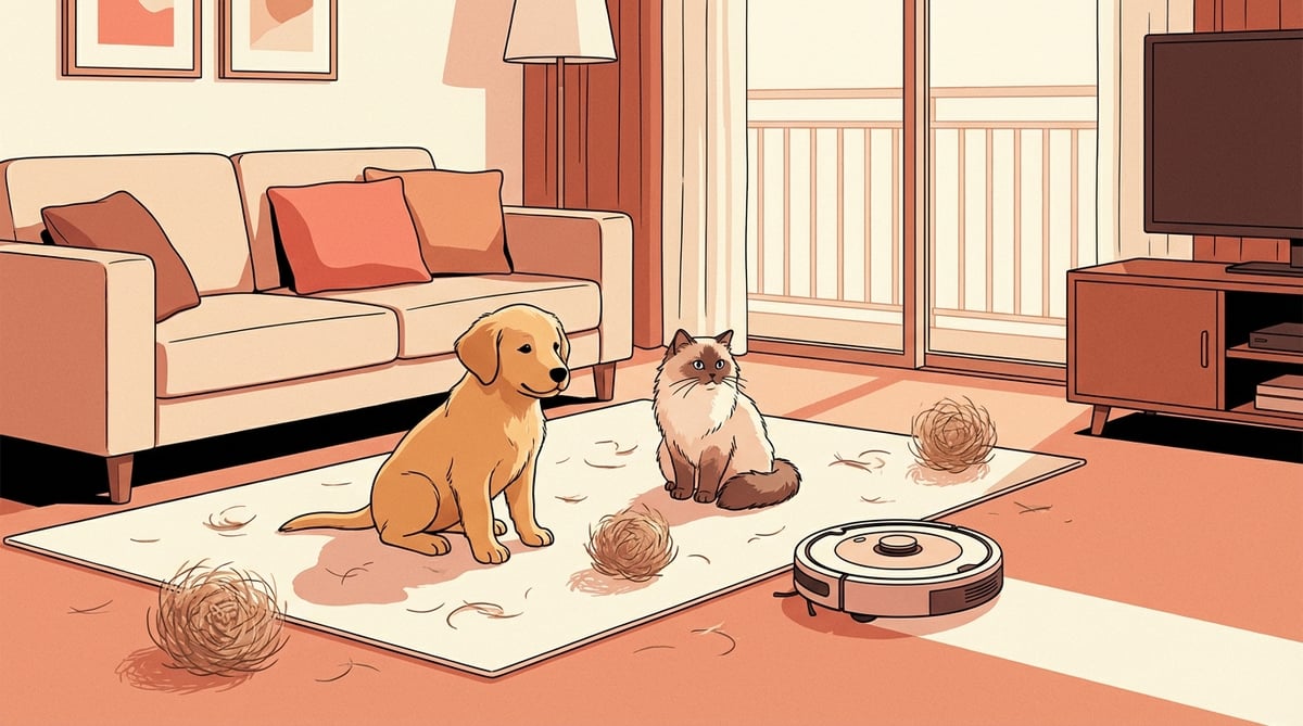 한국 아파트 거실에서 골든리트리버 강아지와 고양이가 앉아 있고, 로봇청소기가 털 뭉치를 청소하는 에디토리얼 일러스트