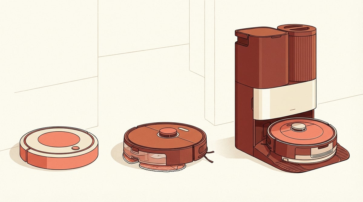 로봇청소기 예산별 3단계 비교 — 30만 원대 기본형, 60만 원대 물걸레 겸용, 100만 원대 올인원 스테이션
