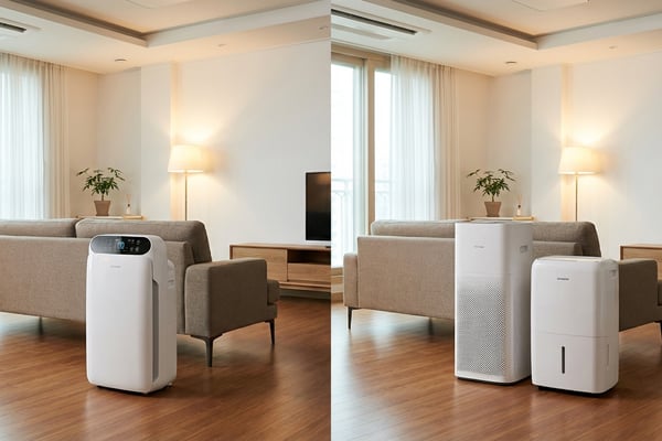 한국 거실에 겸용 제습공기청정기 1대와 제습기+공기청정기 각각 1대를 비교 배치한 분할 사진