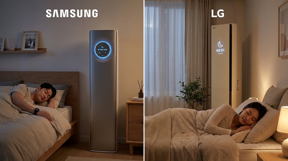 삼성 갤럭시워치 연동 수면 관리와 LG 센서 기반 수면 관리를 비교한 두 침실 장면