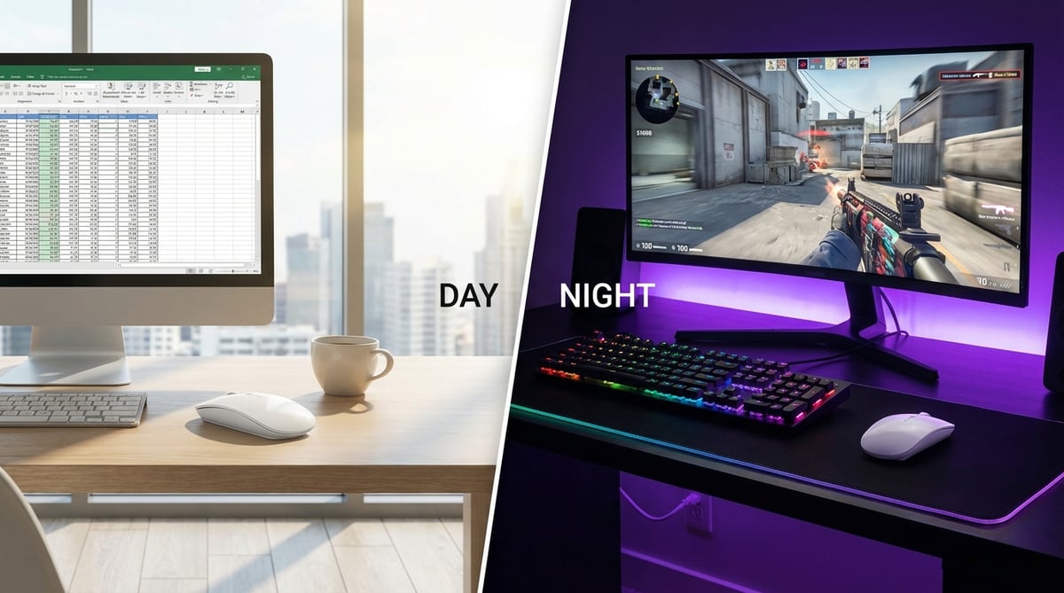 같은 흰색 마우스가 낮에는 밝은 사무실에서, 밤에는 게이밍 셋업에서 사용되는 분할 장면