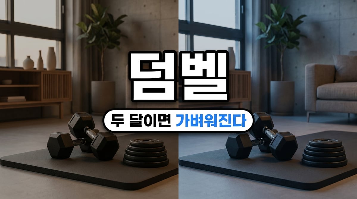 아파트 거실 구석 두꺼운 운동매트 위에 놓인 검은 조절식 덤벨 한 쌍과 옆에 쌓인 원판