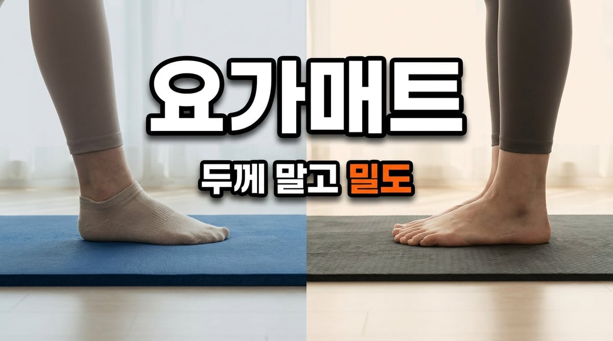 두꺼운 매트에서 발이 가라앉는 모습과 조밀한 매트에서 발이 안정적으로 놓인 모습을 나란히 비교한 사진