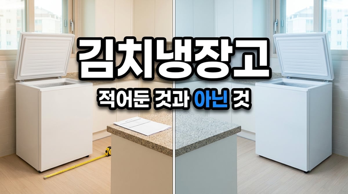 뚜껑을 연 김치냉장고 앞에 줄자를 펼쳐 개방 공간을 재는 모습