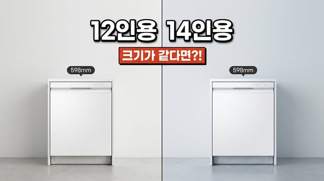 12인용과 14인용 빌트인 식기세척기를 나란히 놓고 폭 598mm를 표시한 비교 사진