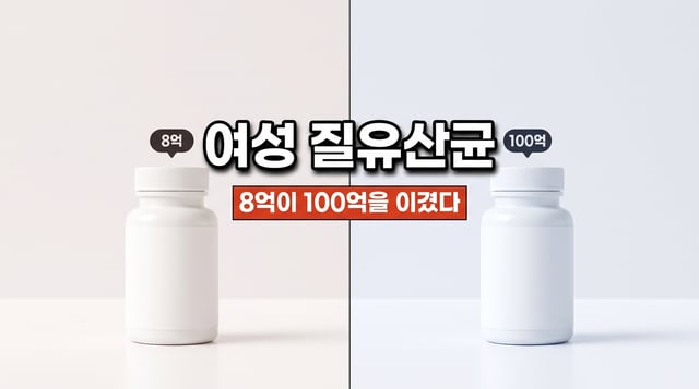 유산균 두 병을 나란히 놓고 8억과 100억을 표시한 비교 사진
