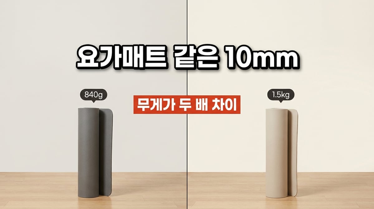 같은 10mm 두께의 요가매트 둘을 나란히 놓고 840g과 1.5kg을 표시한 사진
