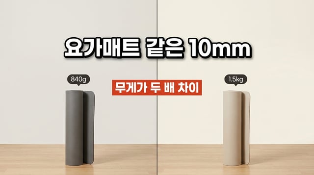 같은 10mm 두께의 요가매트 둘을 나란히 놓고 840g과 1.5kg을 표시한 사진