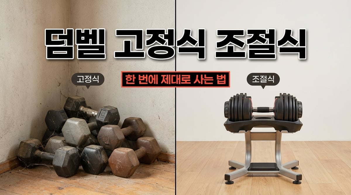 구석에 쌓인 고정식 덤벨과 스탠드 위의 조절식 덤벨을 나란히 놓고 비교한 사진