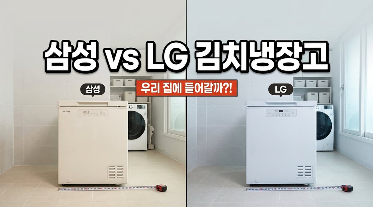 삼성과 LG 뚜껍형 김치냉장고를 나란히 놓고 바닥에 줄자를 둔 비교 사진