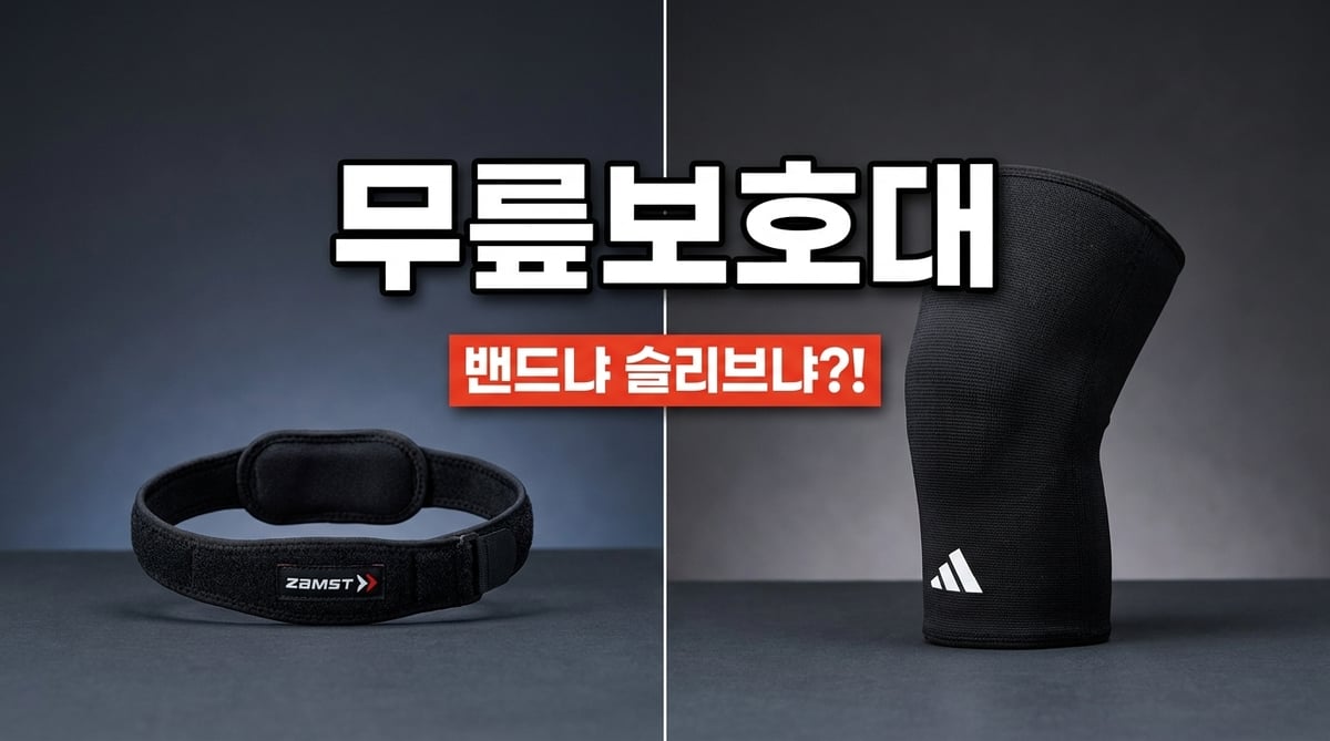 슬개골 밴드형과 압박 슬리브형 무릎보호대를 좌우로 비교한 이미지, 왼쪽은 잠스트 밴드형·오른쪽은 아디다스 슬리브형