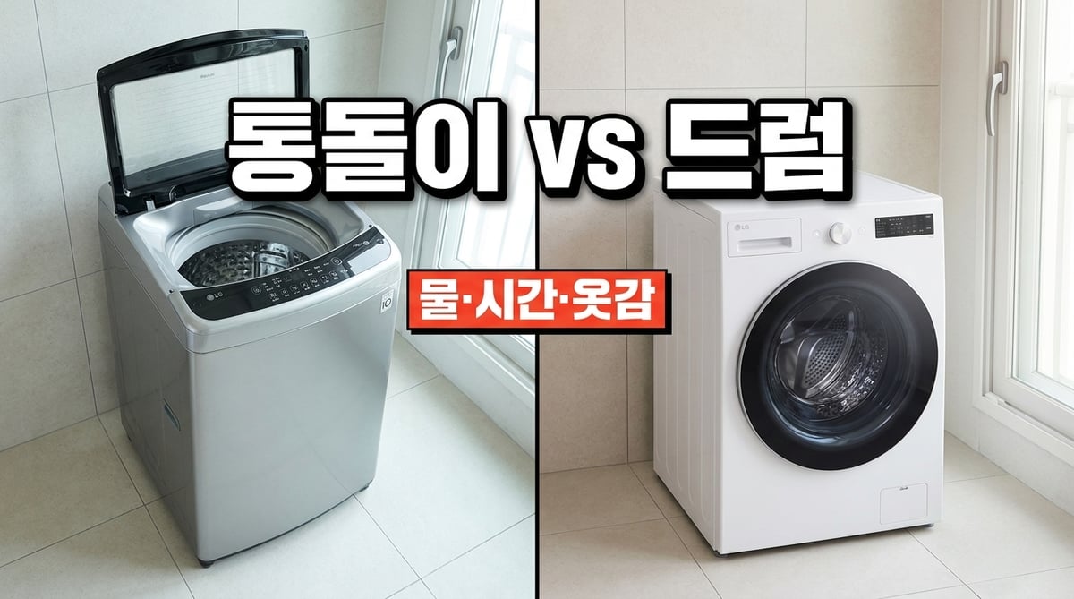 통돌이 세탁기(위로 여는 문)와 드럼세탁기(앞으로 여는 문) 비교