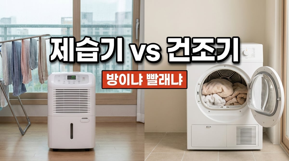 거실 건조대 옆 제습기와 세탁실 히트펌프 건조기 비교