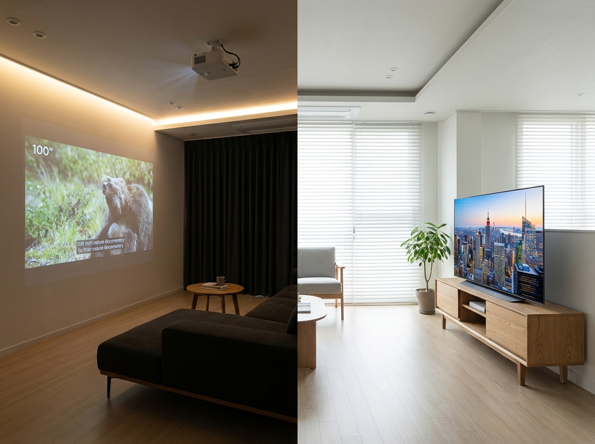 같은 거실에서 빔프로젝터 100인치 화면과 65인치 OLED TV를 비교하는 분할 사진