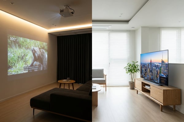 같은 거실에서 빔프로젝터 100인치 화면과 65인치 OLED TV를 비교하는 분할 사진