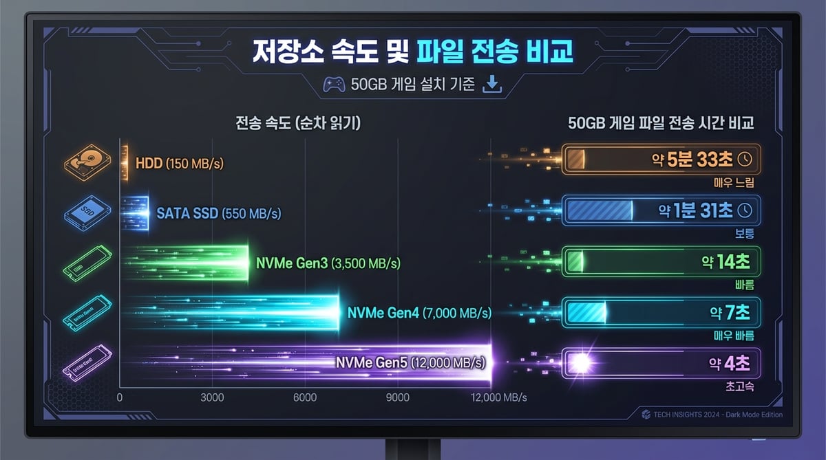 SATA SSD, NVMe Gen3, Gen4, Gen5의 순차 읽기/쓰기 속도와 파일 전송 시간을 비교하는 인포그래픽