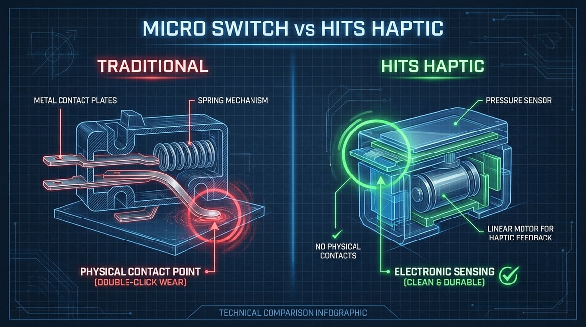 기존 마이크로 스위치와 HITS 햅틱 트리거 시스템의 내부 구조를 비교한 기술 인포그래픽