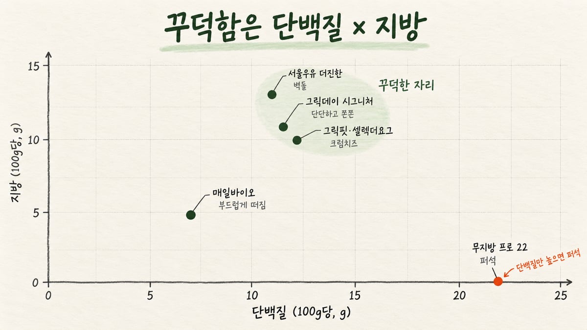 가로축 단백질, 세로축 지방(모두 100g당 g)의 손그림 점 그래프. 서울우유 더진한(벽돌), 그릭데이 시그니처(단단하고 쫀쫀), 그릭핏·셀렉더요그(크림치즈)가 단백질 11~12g, 지방 10~13g의 초록 영역 '꾸덕한 자리'에 모여 있고, 매일바이오(부드럽게 떠짐)는 왼쪽 아래, 무지방 프로 22(퍼석)는 단백질 22g에 지방 0g의 오른쪽 바닥에 주황 점으로 찍혀 '단백질만 높으면 퍼석'이라 적혀 있다