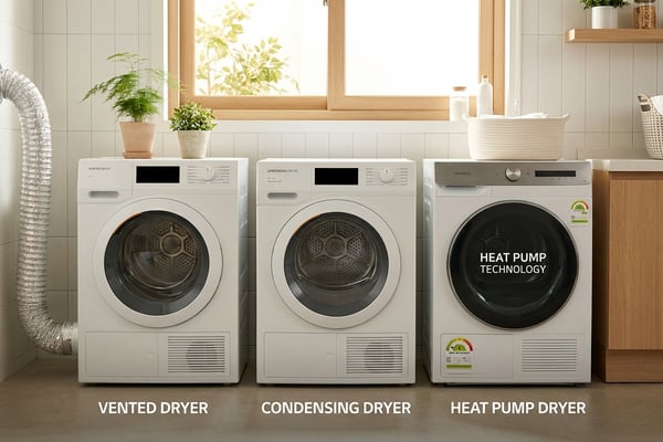 밝은 세탁실에 통풍식, 응축식, 히트펌프 의류건조기 3대가 나란히 놓인 제품 비교 사진