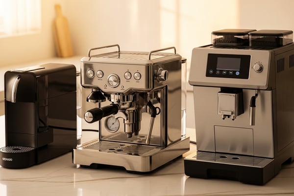모던 한국 주방 카운터탑에 나란히 놓인 세 가지 커피머신: 캡슐, 반자동 에스프레소, 전자동