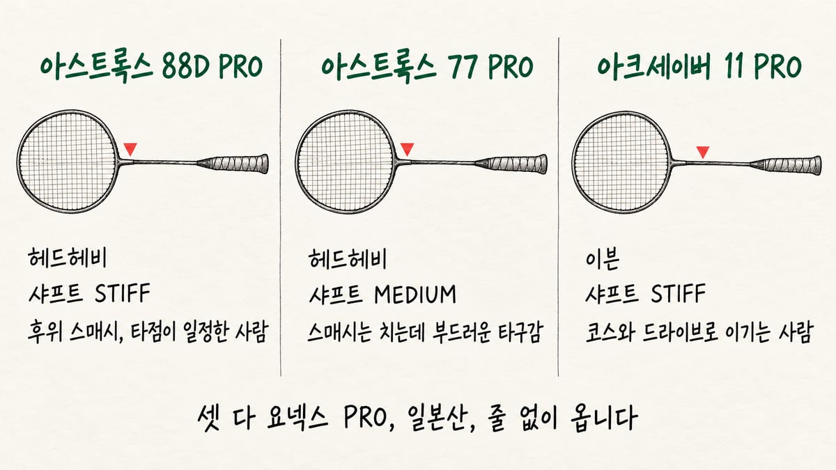 아스트록스 88D PRO·77 PRO·아크세이버 11 PRO 세 라켓의 무게 중심과 샤프트 탄성을 세 칸으로 그린 손그림 설명도