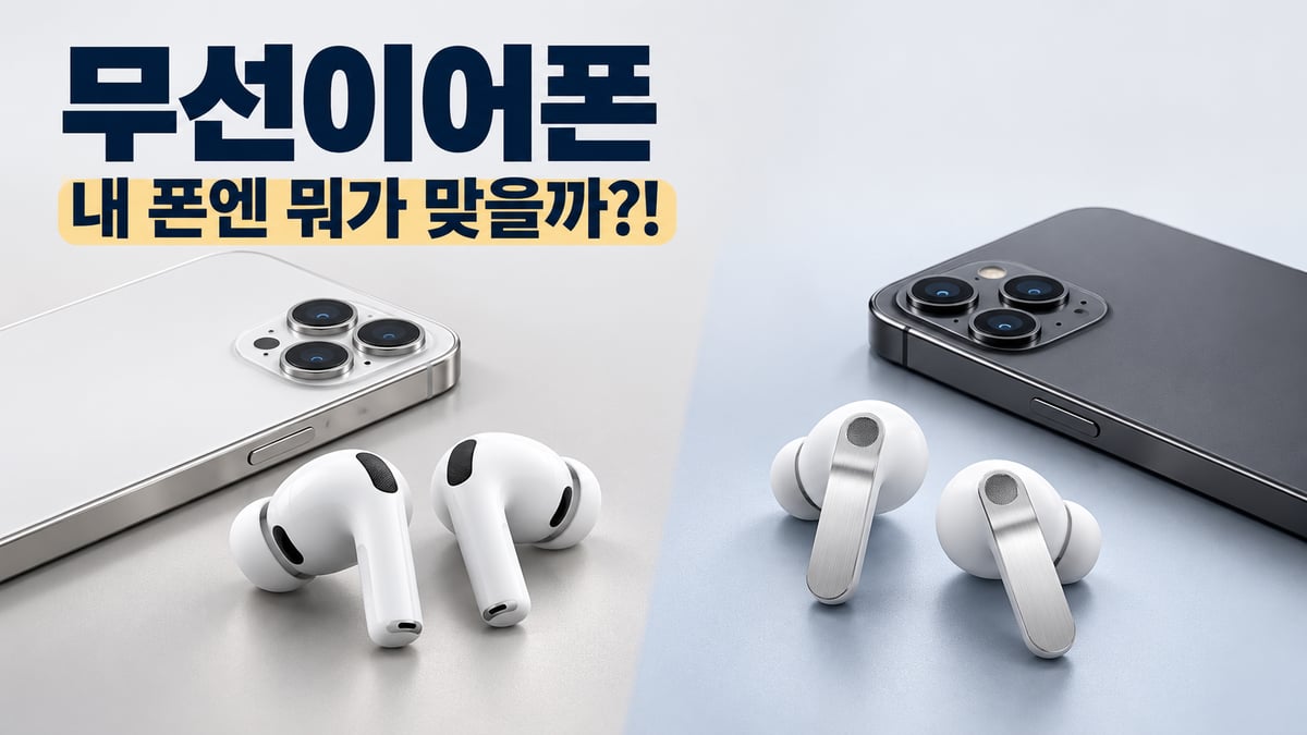 흰색 아이폰과 에어팟형 이어폰, 짙은 색 안드로이드폰과 은색 막대형 이어폰이 좌우로 나뉜 화면에 "무선이어폰 내 폰엔 뭐가 맞을까?!" 문구