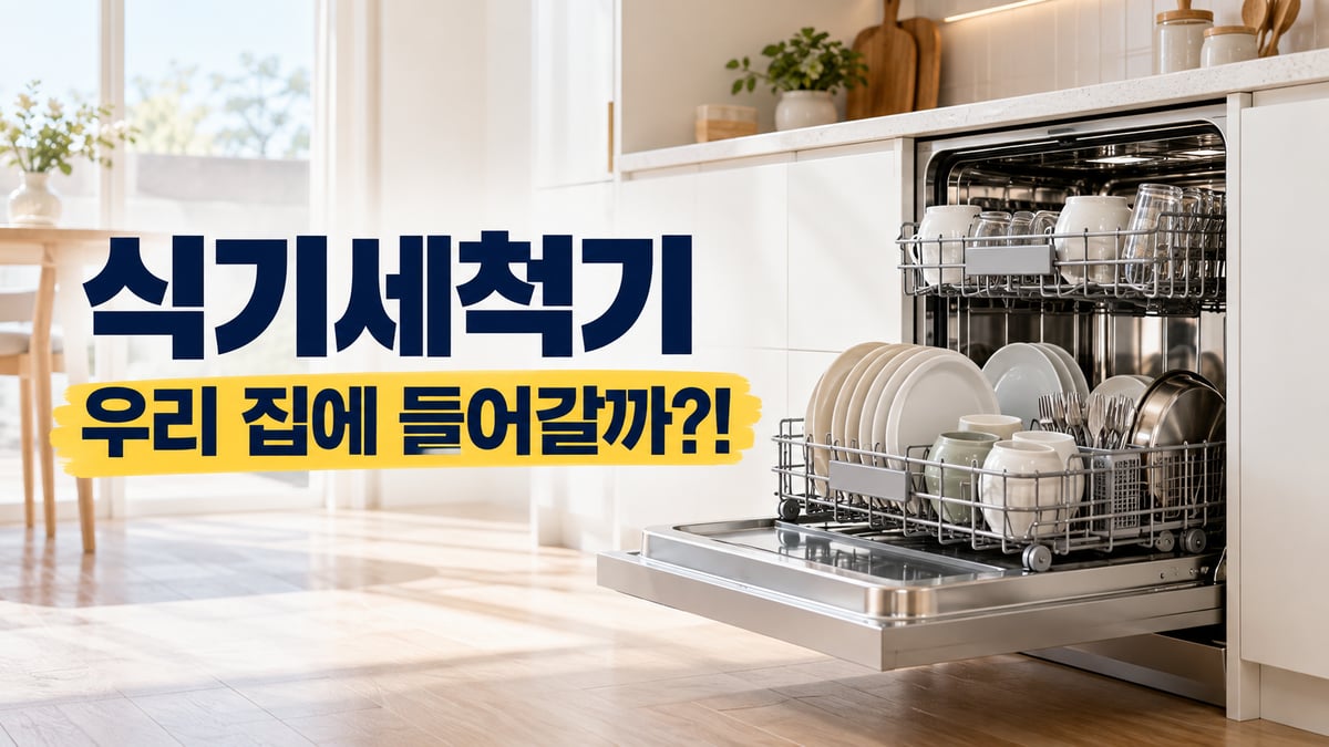 햇빛 드는 흰색 주방에서 문이 열린 빌트인 식기세척기와 "식기세척기 우리 집에 들어갈까?!" 문구